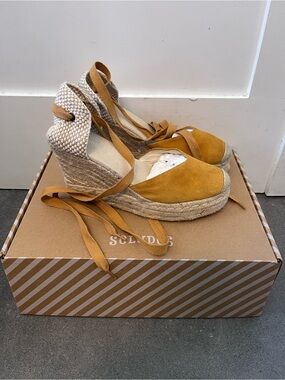 Soludos Mustard Espadrille Wedge Tie-Ankle Sandals
